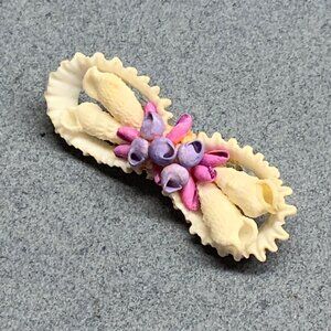 Vintage Pin Brooch 2.5 In As Is White Seashell Purple Pink Floral Bow Handmade